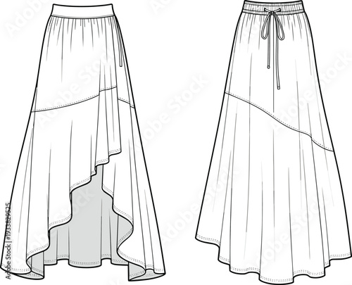 High low hem skirt fashion illustration, front and back view, elastic waistband, drawstring detail, diagonal seam, apparel design, garment construction
