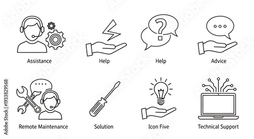 Collection of support and help icons illustrating assistance, guidance, and technology-based solutions for users.