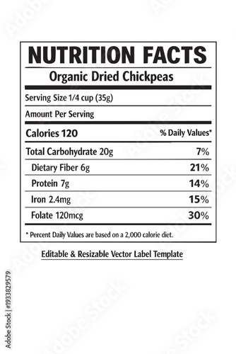 Nutrition facts label organic dried chickpeas cutout isolated illustration on transparent background layout
