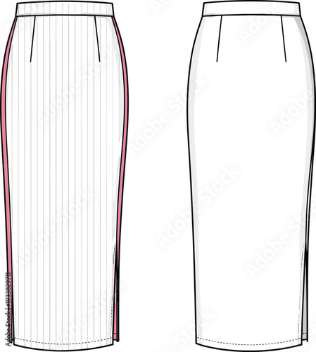 Pencil skirt fashion illustration, front and back view, pinstripe detail, side panel contrast, fitted silhouette, apparel design, garment construction drawing