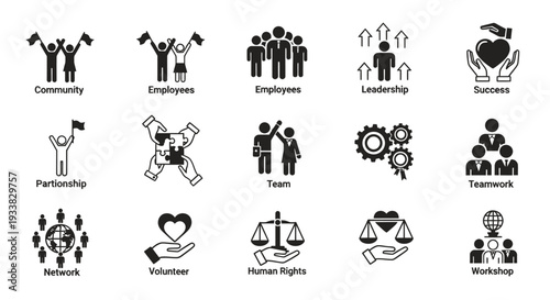 Collection of diverse people icons depicting teamwork, leadership, and community engagement across careers.