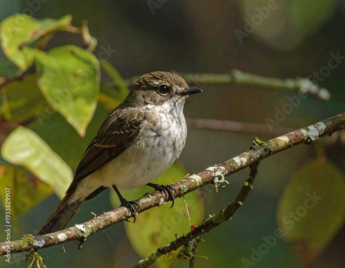 A small, speckled bird with dark eyes perches on a branch, surrounded by green foliage, in a natural setting