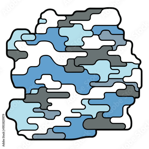 Abstract camouflage pattern illustration with blue, white, and grey shapes from a frontal viewpoint