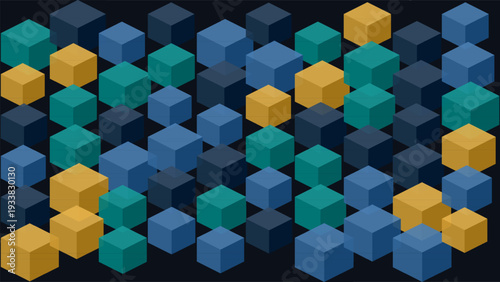 ​Minimalist 3D Isometric Prism Field Vector Illustration with Abstract Geometric Teal and Gold Elements on Dark Background