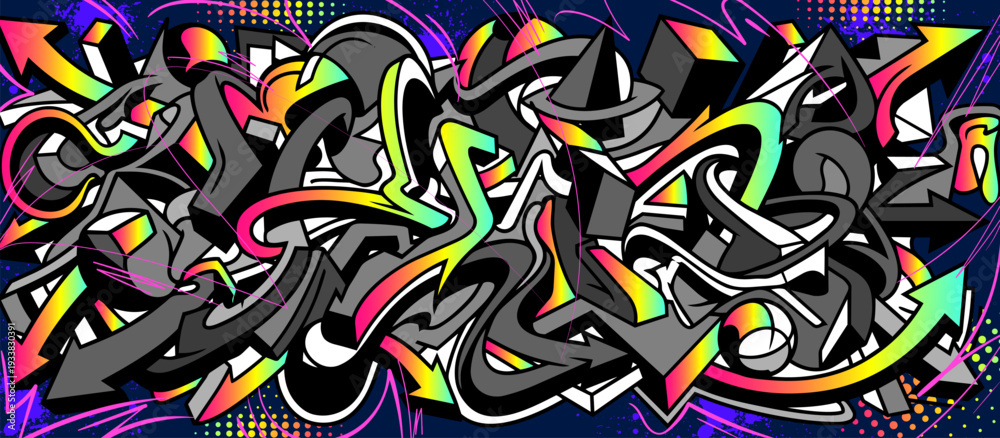 Obraz premium Abstract graffiti background with vibrant colors, dynamic flowing waves, bubbles and arrows shapes. Graffiti vector urban theme for prints, banners, and textiles