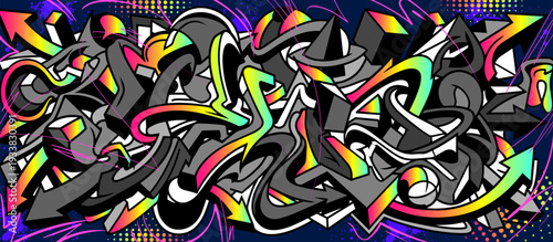 Abstract graffiti background with vibrant colors, dynamic flowing waves, bubbles and arrows shapes. Graffiti vector urban theme for prints, banners, and textiles