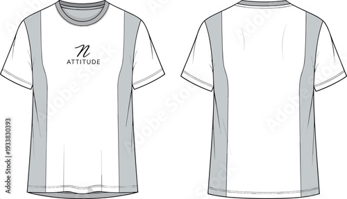 Short sleeve t-shirt fashion illustration, front and back view, printed chest logo, ATTITUDE text, raglan style panels, apparel design, garment construction