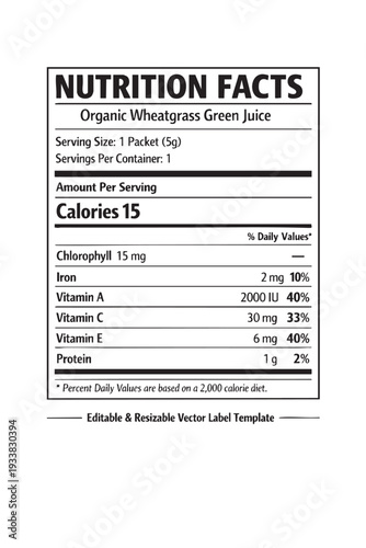 Nutrition facts label organic wheatgrass green juice cutout isolated illustration on transparent background layout