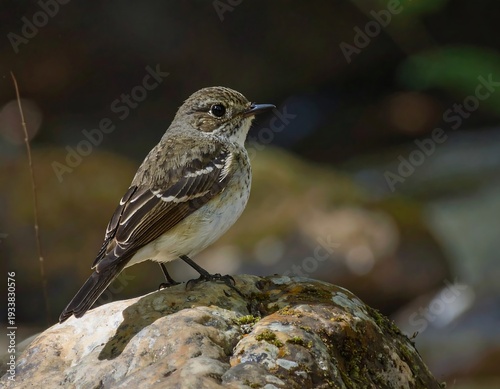 A small, speckled bird with dark wings and a light chest, perched on a mossy rock in a natural environment