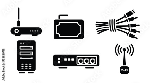 Set of icons representing networking devices and internet connectivity