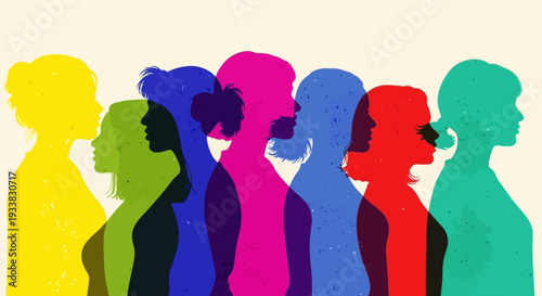 Diverse Women Silhouettes in Vibrant Overlapping Colors Representing Unity, Empowerment & Community
