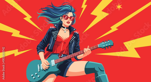 Vibrant Female Punk Rocker Playing Electric Guitar, Dynamic Pop Art Illustration