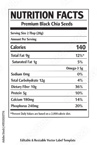 Nutrition facts label premium black chia seeds cutout isolated illustration on transparent background layout