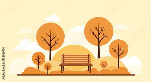 Peaceful autumn park scene with a wooden bench under stylized orange trees against a sunset sky with light clouds.