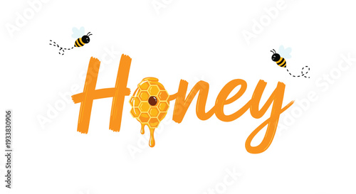Creative honey typography with two cute bees flying around a dripping honeycomb in the center of the word.