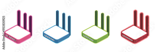 Colorful isometric icons of modern wireless routers with multiple antennas