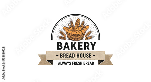 Vintage bakery bread house logo design with a basket of fresh bread, wheat ears, and a decorative textile ribbon.