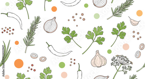 Seamless pattern background featuring hand drawn herbs and spices like rosemary, garlic, onion, and chili peppers.