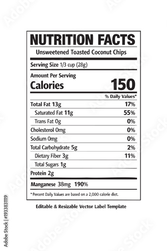 Nutrition facts label template coconut chips cutout isolated illustration on transparent background layout