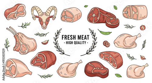 Comprehensive selection of fresh high quality meat cuts including beef, lamb, and poultry with herbs and spices.