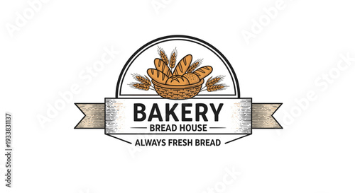 Professional bakery bread house emblem with a basket of golden bread and wheat stalks on a decorative banner.