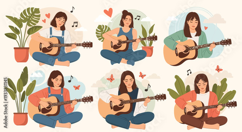 Young Women Playing Acoustic Guitar, Relaxed & Happy, Enjoying Music Hobbies in Flat Vector Illustration Set