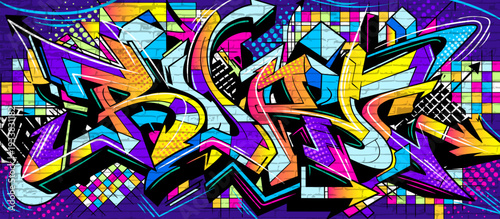 Abstract graffiti background with vibrant colors, dynamic flowing waves, bubbles and arrows shapes. Graffiti vector urban theme for prints, banners, and textiles