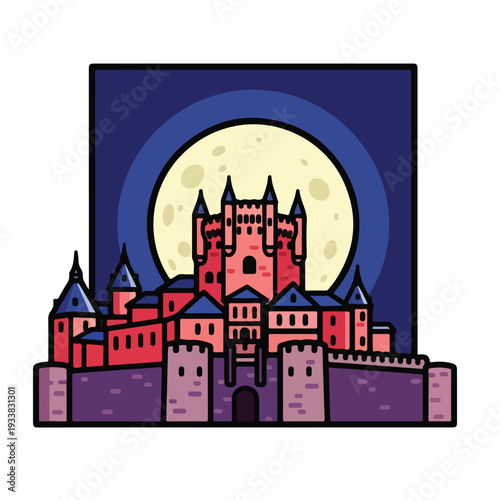 Mystical castle with towers and battlements under a full moon, illustration, nighttime, fantasy scene, medieval architecture, fortress, magic, adventure, landscape, night