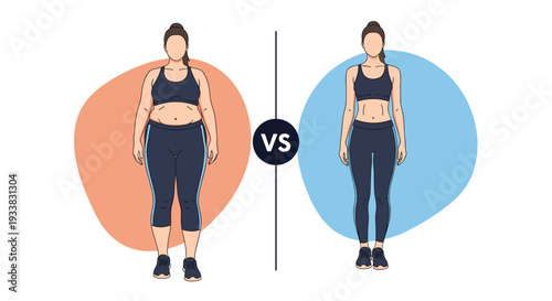 Comparison of two female figures showing a weight loss transformation before and after a healthy fitness journey.