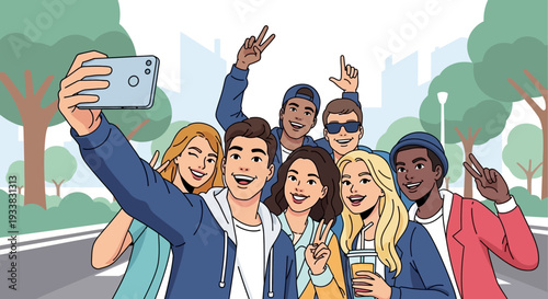 Joyful Diverse Friends Taking a Group Selfie Outdoors - Vector Illustration