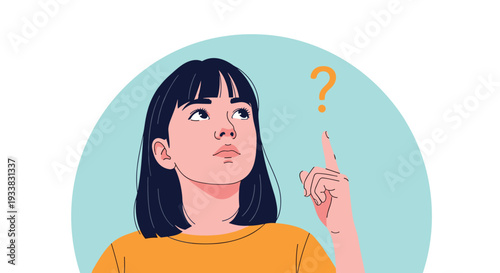 Curious young girl with dark hair looking up at a yellow question mark while pointing her finger in deep thought.