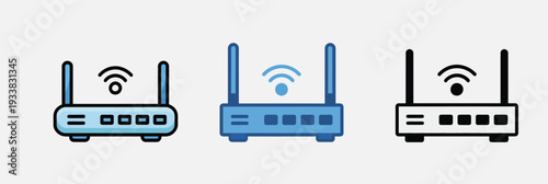 Three different styles of wifi routers with signal icons, vector art