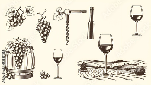 Vintage Winery Elements Vector Collection: Engraved Grapes, Wine Barrel, Corkscrew, Bottle, Glass, and Countryside Landscape. Retro Viticulture & Vineyard Art.