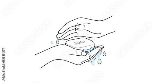 Close up of human hands washing with a bar of white soap and water droplets shown in a clean line art style.