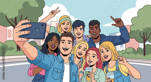 Cheerful Diverse Young Friends Taking a Group Selfie Outdoors. Modern Cartoon Illustration of Youth, Friendship, and Social Media Connection.