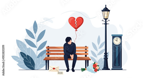 Sad man sitting alone on a park bench with a broken heart balloon and a bouquet of roses after a painful breakup.