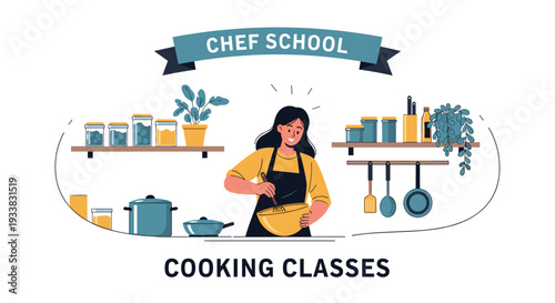 Female chef school cooking classes featuring a woman in an apron mixing ingredients in a modern minimal kitchen.