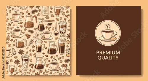 Premium quality coffee branding concept featuring various beverage types, beans, and a central steaming cup logo.