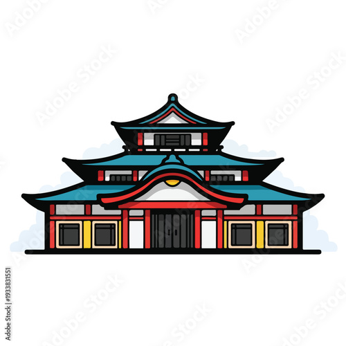 Illustration of a traditional pagoda with vibrant colors and intricate details from a frontal viewpoint.