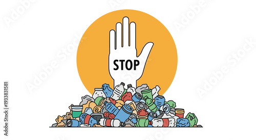 Environmental protection concept with a hand gesture calling to stop waste and plastic pollution in a massive pile.