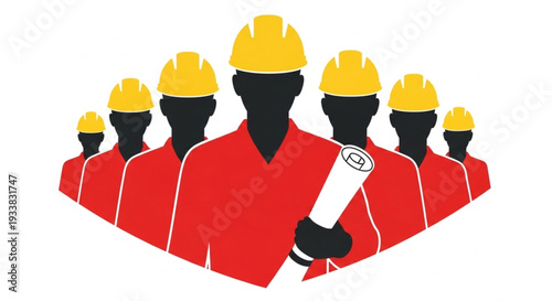 Construction Workers Team Holding Blueprints Ready for Project.