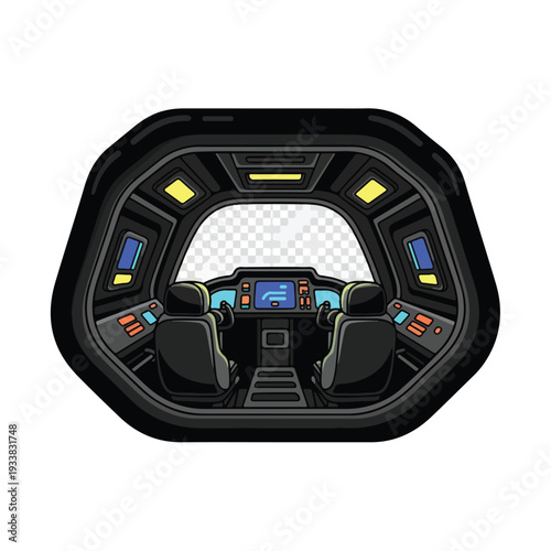 Futuristic cockpit interior with control panels and seats viewed from above in a digital illustration