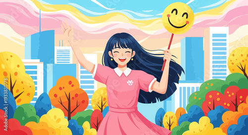 Cheerful Young Woman Waving with Smiley Face in Vibrant City Park Illustration - Happiness and Positive Urban Lifestyle