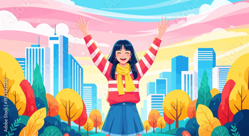 Joyful Young Woman Celebrating Success in Vibrant Urban Park Landscape with City Skyscrapers and Lush Nature