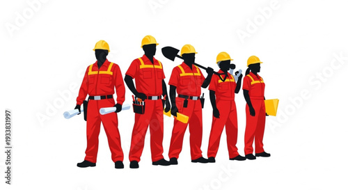 Construction Workers Team Safety Gear Holding Tools.