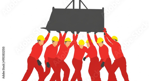 Construction workers lifting heavy load together teamwork concept.