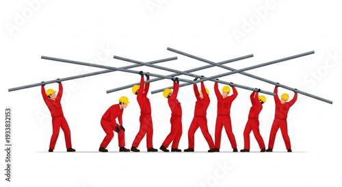 Construction workers lifting metal bars together on white background.