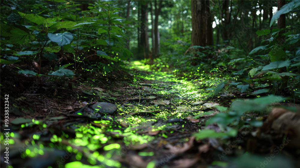 Fototapeta premium Monsters dance joyfully in whimsical night forest concept. A serene forest path illuminated by glowing green plants.