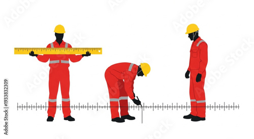 Construction workers measuring and leveling on a white background.