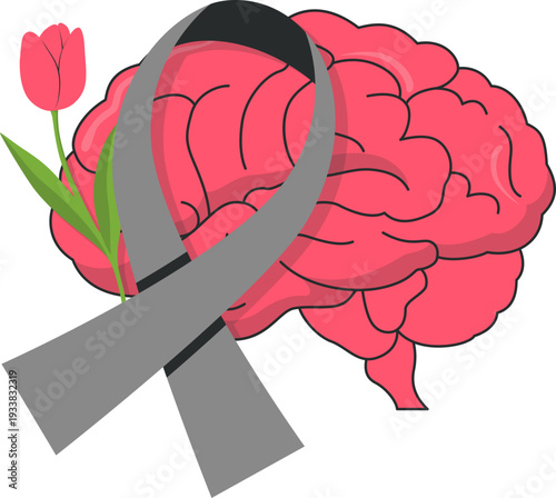 World Parkinson's Day Illustration. Brain, Red Tulip Vector Isolated.